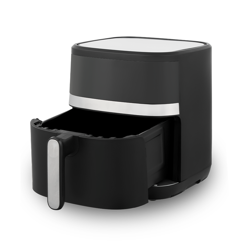Elegante freidora de aire con pantalla táctil digital en blanco y negro